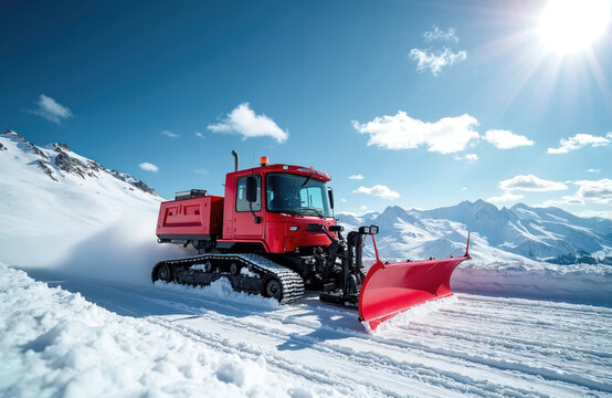 Red snowcat vehicle with plow blade prepares ski slope on sunny winter day. Heavy machine operates on snowy mountain terrain. Tracks leave pattern on piste surface. Mountains and blue sky backdrop.