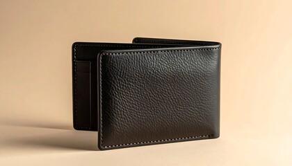 Naklejka premium Elegant Black Leather Bi-Fold Wallet on a Neutral Background.