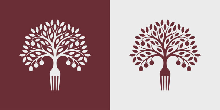 Vector illustration of tree with fork trunk and fruit on branches in white and maroon colors on split background
