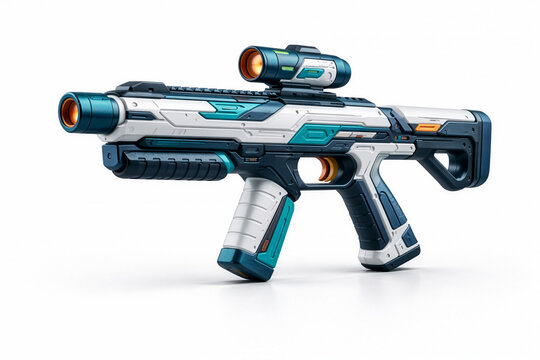 Teal White Toy Blaster Rifle Orange Barrel Scope White Background
