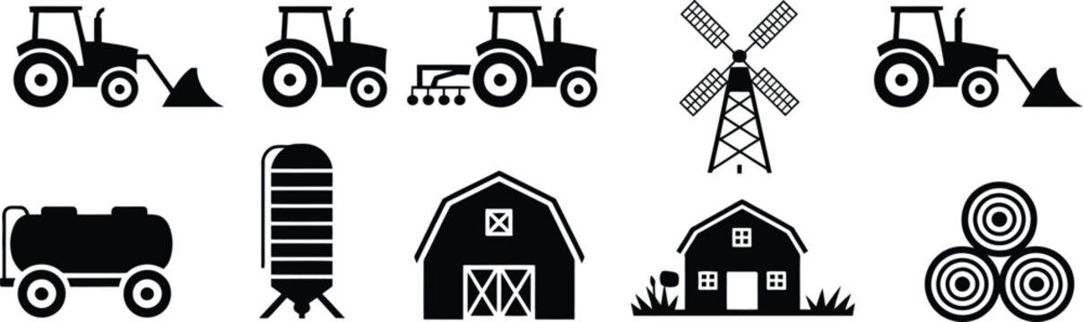 Farm icons set black rural farming elements tractor plow machine grain storage silo barn windmill water tanker hay bales design