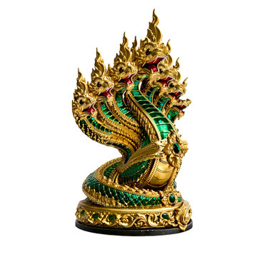 Multi Headed Golden Naga Snake Statue Side View on White Background
