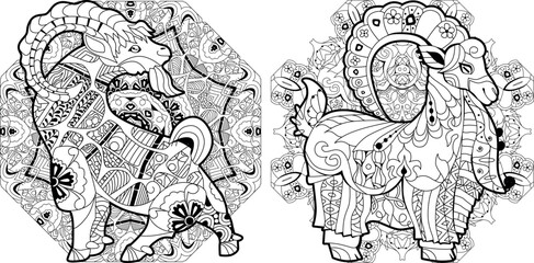 Obraz premium Set of decorative goats. Hand drawn decorative vector illustration for coloring on mandalas