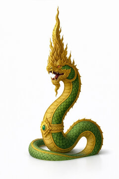 Thai Naga Serpent Statue Green Gold Single Head White Background