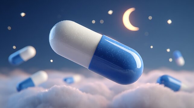Blue and white sleep capsule above soft clouds with glowing moon in cool night tones