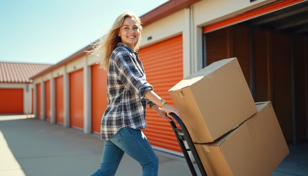 Woman smiles while moving boxes with cart to self storage unit. Female customer loads container for temporary home or business storage facility. She uses dolly for transport.