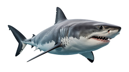Fototapeta premium An isolated great white shark swims through blue ocean water, a powerful marine predator with sharp teeth and a grey fin showcased on a white background for nature and wildlife illustration