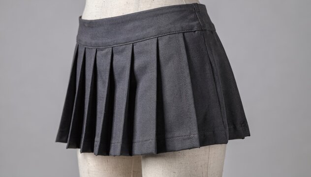 Close medium shot capturing the pleated skort construction emphasizing the folding and stitching techniques that create structured crisp pleats at the waist and hem.