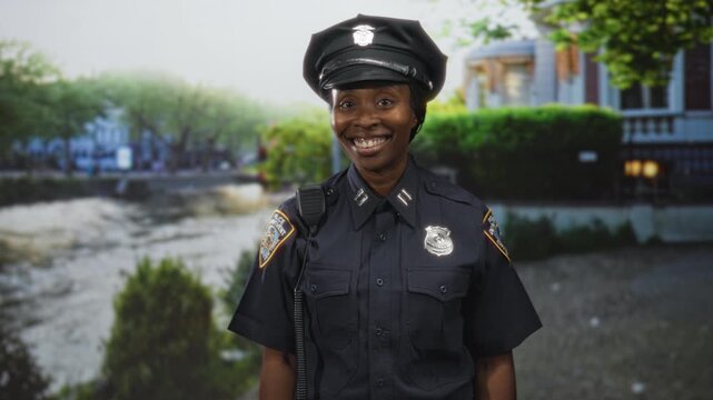 Young african american woman police officer smiles with radio on shoulder, showing forearms, standing on street by river and building facades; confidence community safety.