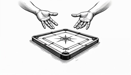 Two hands hover over carrom board table. Players prepare for game of skill, strategy, and precision flicking striker. Indoor tabletop fun challenge.