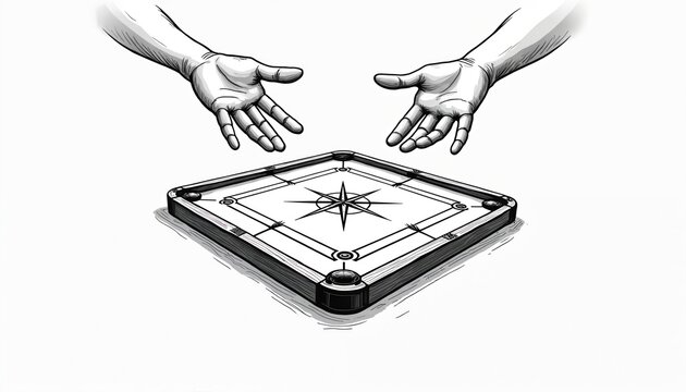 Two hands hover over carrom board table. Players prepare for game of skill, strategy, and precision flicking striker. Indoor tabletop fun challenge.