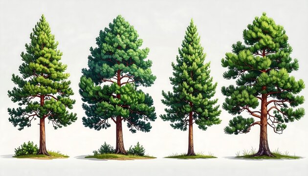 Four detailed illustrations of different pine trees with varying shapes and sizes, against a white background, with green foliage