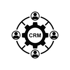 Obraz premium A black and white illustration depicts a customer relationship management system with people icons connected to gears high quality