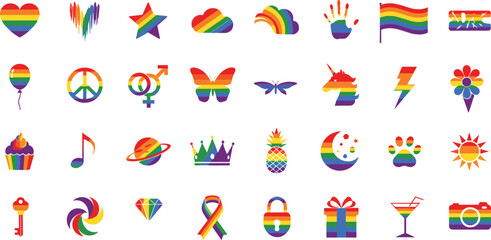Colorful pride symbols set, vibrant rainbow colored hearts, flags, and various objects collection. © Mofajjol