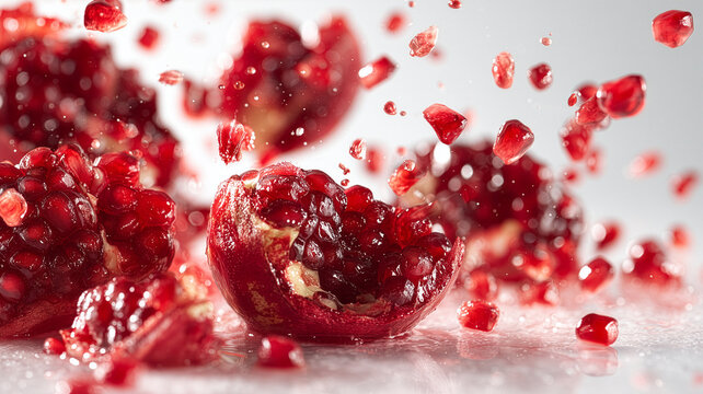 Exploding fresh pomegranate seeds with juice droplets, dynamic flying fruit pieces isolated on white background.