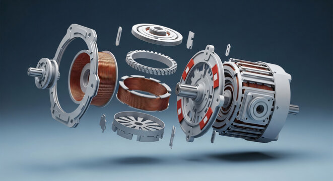 Exploded View of Electric Motor with Copper Coils and Internal Parts