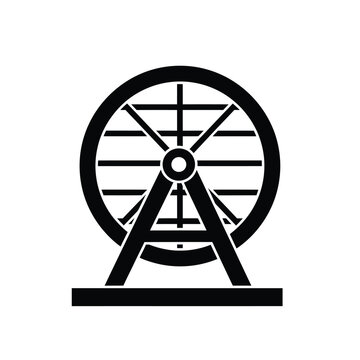 A simple black and white illustration depicts a traditional wooden water wheel with supporting structure high quality professional detailed