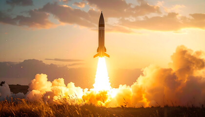 Obraz premium Rocket Launching into the Sunset Sky with Fiery Exhaust and Dramatic Clouds