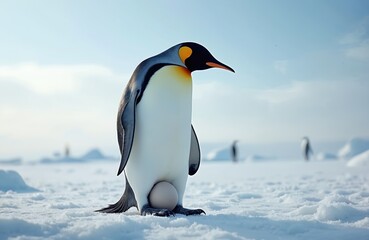 Obraz premium Emperor penguin adult stands on snow holding single egg in its feet for warmth. Other penguins visible in far distance. Antarctic landscape under bright blue sky.