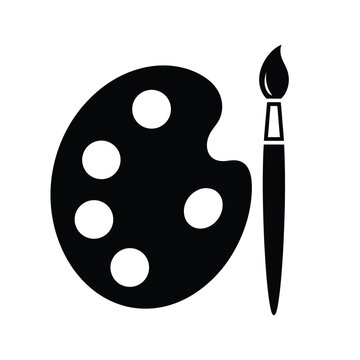 A simple black and white illustration depicts a painter s palette with several wells and a single paintbrush high quality