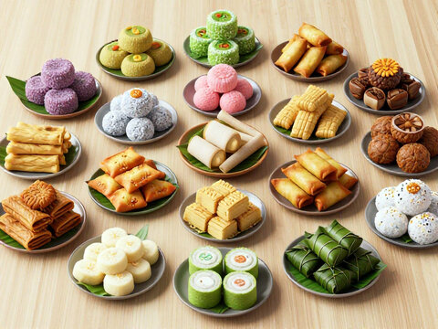 Assorted Indonesian traditional snacks and jajanan pasar arranged on plates over a wooden table, featuring colorful sweet and savory local treats in a clean tabletop food presentation.