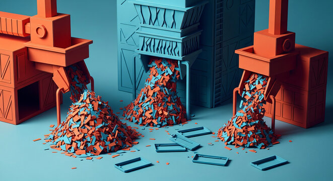 Stylized Industrial Factory Machinery Processing Recycled Fragments