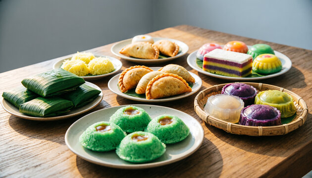Assorted Indonesian traditional snacks arranged on a wooden table, featuring colorful sweet and savory jajanan pasar in a warm natural light tabletop food presentation.