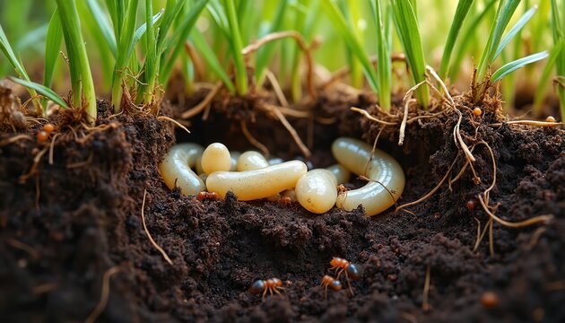 Underground view of soil cross section showing grass roots, pale grubs and ants. Natural garden ecosystem with larvae and insects living beneath the green blades. Life in dirt.