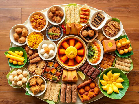 Top view of assorted Indonesian traditional snacks arranged on a round platter, featuring colorful sweet and savory treats in a rustic flat lay food presentation.