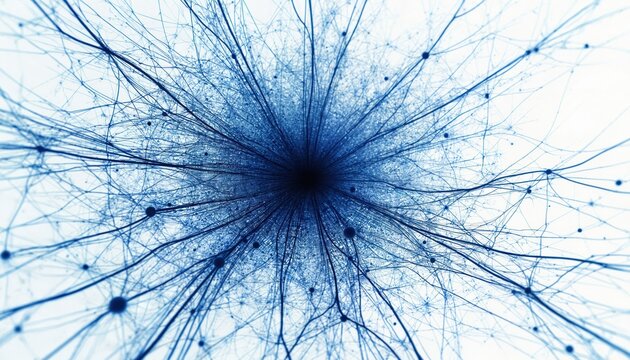 Abstract blue network structure with many tiny lines and dots. Neural network or city map concept with connections expanding from center. Digital web pattern.