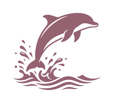 躍動感あふれるイルカのジャンプ、水しぶきと波を伴う美しいシルエットベクターイラスト。海や水生生物をテーマにしたデザインに最適な、単色のグラフィック素材。