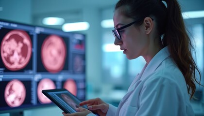 Naklejka premium Woman scientist studies medical scans on tablet and large screen. She uses tech for research analysis and diagnosis in lab. Healthcare pro works on patient health data.