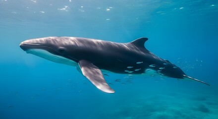Fototapeta premium A lone Cuvier's beaked whale glides through clear blue ocean water with small fish swimming nearby