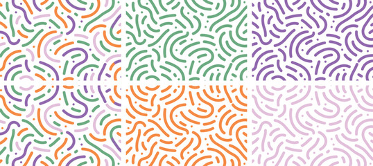 Fototapeta premium Abstract wavy line pattern set, colorful hand drawn doodle textures, 6 seamless vector backgrounds for textile and packaging design