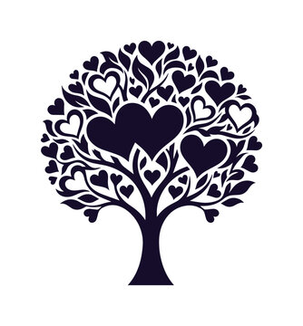 愛と生命の象徴、ハートの葉で満たされた生命の木ベクトルイラスト。結婚式、バレンタインデー、記念日、愛のテーマに最適なロマンチックなデザイン素材。
