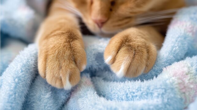 cat paws kneading soft blanket, making biscuits, macro claws, purring vibration, cozy home, tactile texture, comfort