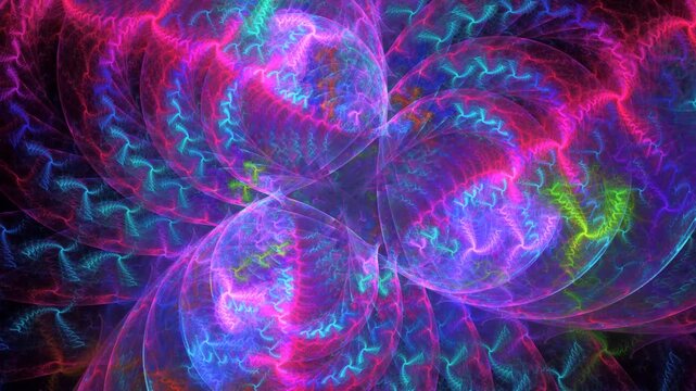 Abstract shapes with glowing inclusions, vibes phosphorescing, circulating. Iridescent background changes of fractal neon colored spheres, orbs revolving in center, fluctuating. 4K UHD 4096x2304