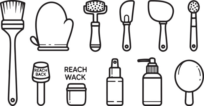 A set of various household and kitchen utensils in simple line drawings Vector