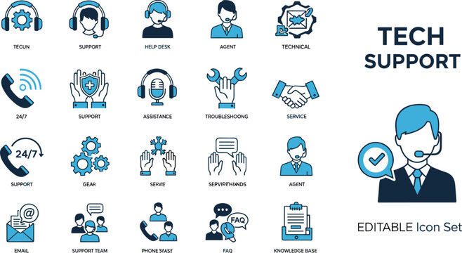 Tech support flat icon set with customer service help desk communication troubleshooting and assistance symbols for web applications