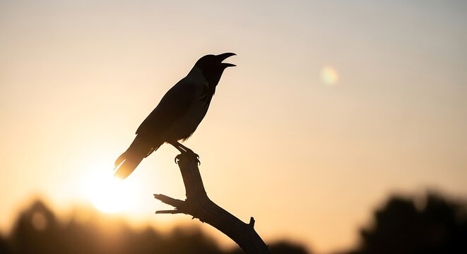 Silhouette of a crow perched at dusk with the sun low in the sky