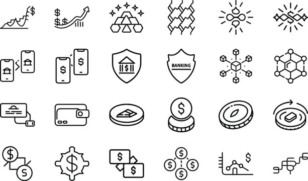Digital banking and cryptocurrency network icons for secure online financial ecosystems.