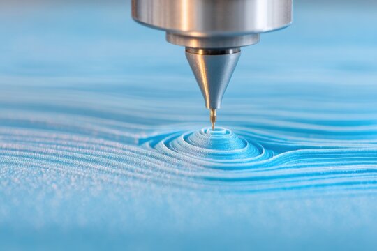 Extreme macro of FDM 3D printing layers. Plastic texture, nozzle tip visible. Manufacturing.