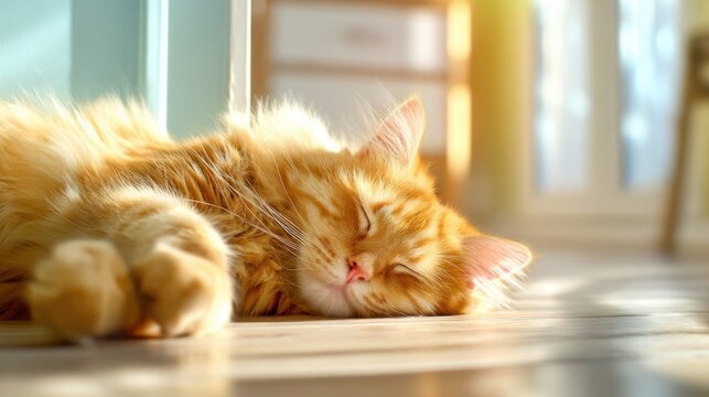 ginger cat sleeping in a patch of sunlight on the floor, soft fur texture, peacefulness, cozy home, dust motes in air, comfort