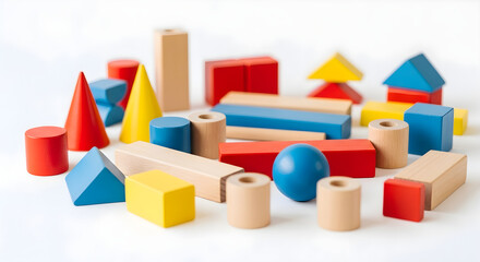 Fototapeta premium Colorful wooden blocks and shapes for kids' educational play