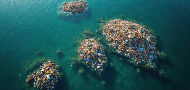 Floating islands of plastic debris accumulate in clear blue ocean water. Garbage patches grow, harming marine ecosystems and showing global pollution effects. Environmental crisis unfolds.