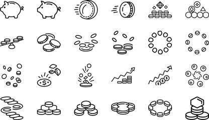 Fototapeta premium Money saving and currency movement icons featuring piggy banks coins and profit progress.