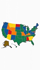 Fototapeta premium US map showing states with various colors. Includes Alaska and Hawaii. Flat graphic design, isolated on white background for education and presentation.