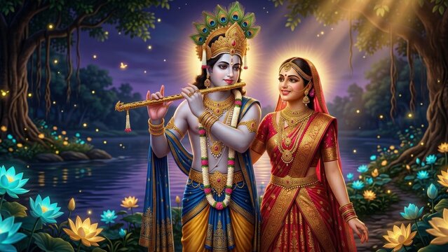 Radha Krishna moonlit Vrindavan divine couple wallpaper.