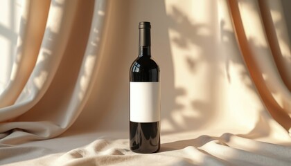 Fototapeta premium Dark glass wine bottle with blank label on draped fabric background. Soft shadows and light create elegant mood. Ideal for branding, advertising, or product mockups.