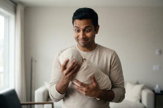Nervous indian father holding newborn very carefully.